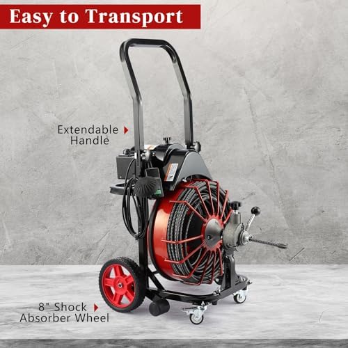 Drain Cleaner Machine, 100 ft x 1/2 in Sewer Auger for 1-4 in Pipes | 550W Motor with Auto-Feed Control, Air Foot Switch, GFCI Protection, 4 Cutters