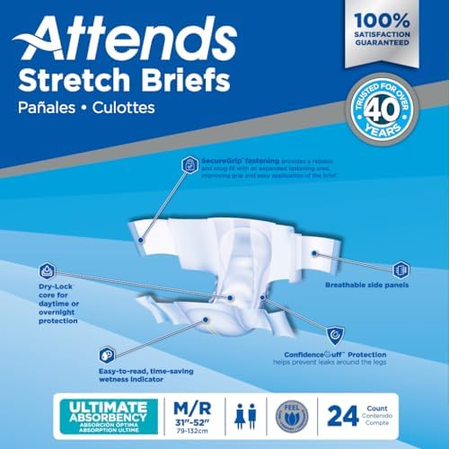 Attends Stretch Adult Incontinence Disposable Briefs, Large/X-Large, 40"-70" Waist with SecureGrip Tab Closure, Ultimate Absorbency with Dry-Lock Containment Core and Breathable Side Panels, 96ct Case