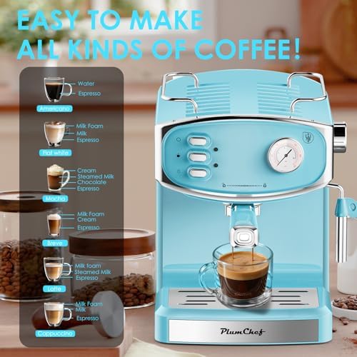Plum chef Espresso Machine 20 Bar, Household Coffee Maker with Milk Frother Steam Wand, Pressure Gauge, 54oz Large Water Tank, Low Noise Fast Brew for Cappuccino Latte Macchiato Home Office