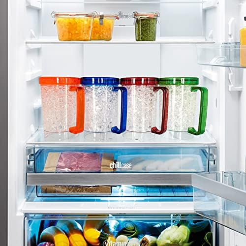 Double Wall Gel Frosty Freezer Ice Mugs Clear 16oz Set of 4 (Blue, Red, Orange and Green)
