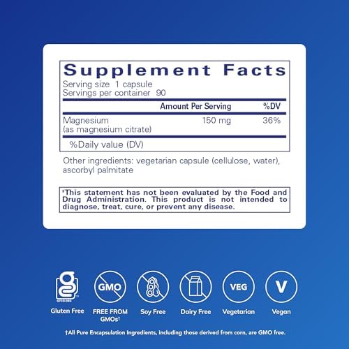 Pure Encapsulations Magnesium (Citrate) - Supplement for Sleep, Heart Health, Cognitive Health, Bone Health, Energy, Muscles, and Metabolism* - with Premium Magnesium - 180 Capsules | Supplement for Sleep, Heart Health, Brain Health, Bone Health, Energy,…