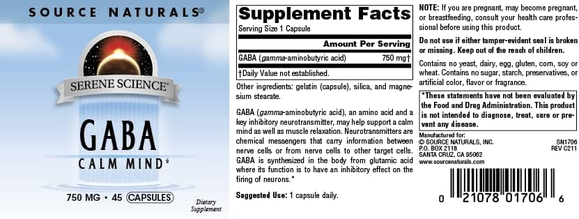 Source Naturals Serene Science GABA, for a Calm Mind, 750mg - 45 Capsules