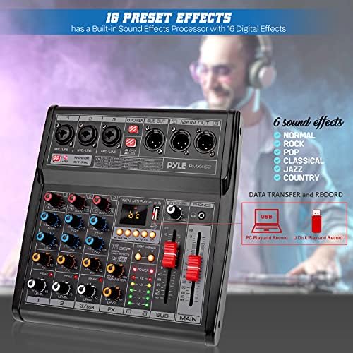 Pyle Professional DJ Audio Mixer - 3-Channel Controller with 16 Preset DSP Effects - USB Interface - 3 Mic/Line Inputs - +48V Phantom Power
