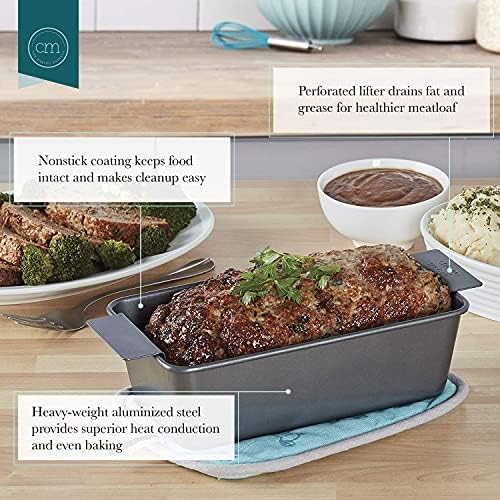 Chicago Metallic 2-Piece Healthy Meatloaf Pan with Draining Insert Professional Grade Non-Stick Carbon Steel Baking Pan with Lift and Serve Feature