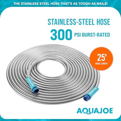Aqua Joe 50-Foot Heavy Duty Garden Hose, Spiral 304 Stainless Steel Metal Hose, Puncture Proof, 1/2 Inch Diameter with Aluminum Fittings, AJSGH50