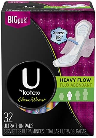 U by Kotex Cleanwear Ultra Thin Pads with Wings, Heavy Flow, 32 Count