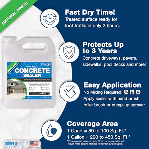 Concrete Driveway Sealer Densifier (Clear Natural Finish) 1 Gal | Serveon Sealants Commercial Grade Outdoor Indoor Waterproof Sealant, Protects Pavers, Sidewalks Pools, Made in USA, H2100