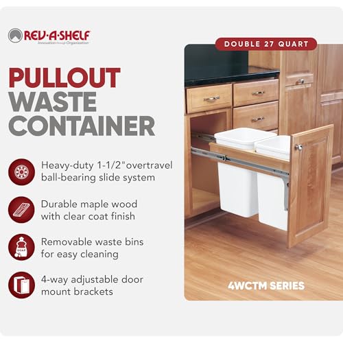 Rev-A-Shelf 35 Qt Top Mount Double Pullout Under Cabinet Kitchen Trash Cans for Base Cabinets, 150 Pound Rated Full-Extension Slides, Min Opening Width of 14.75", White, 4WCTM-18DM2-162