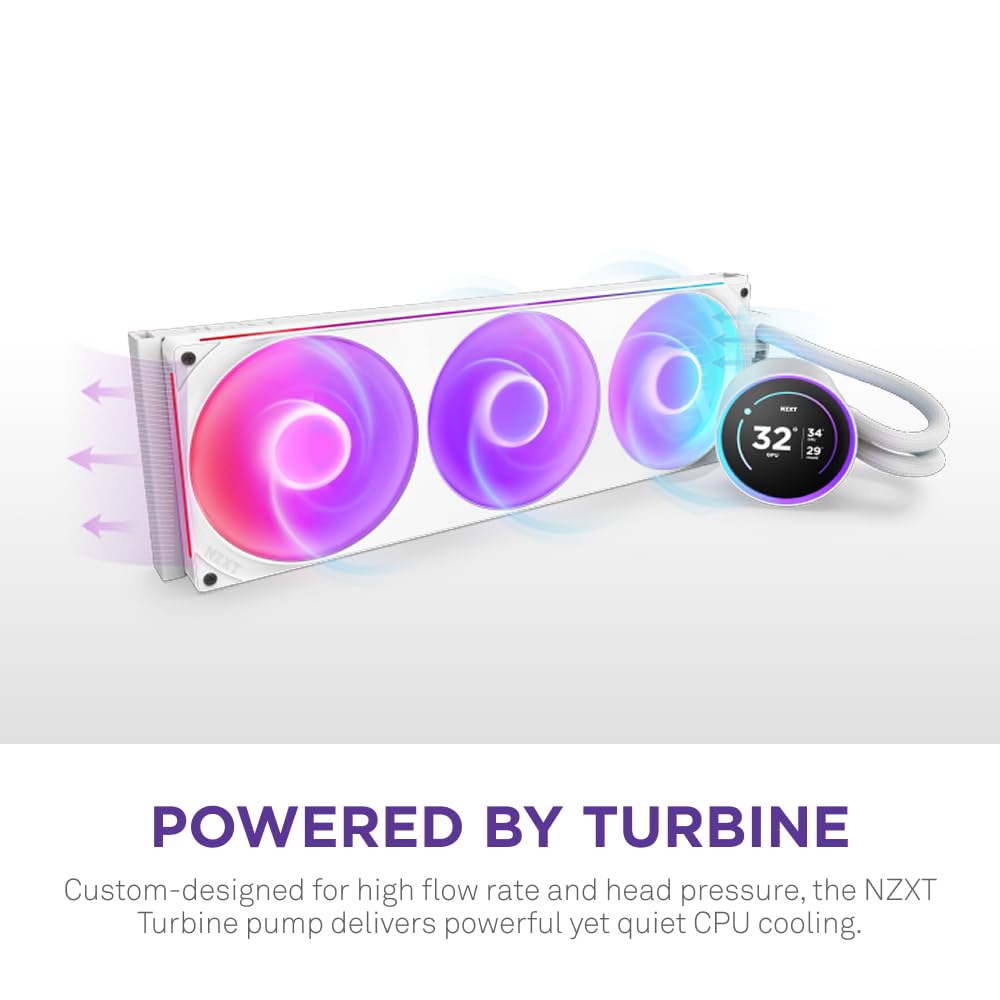 NZXT Kraken Elite 360 RGB - 360mm AIO CPU Cooler, LCD - White | 360mm RGB AIO with 2.36-inch LCD and F360 RGB Core fan. Flagship display cooling with synced RGB via CAM.