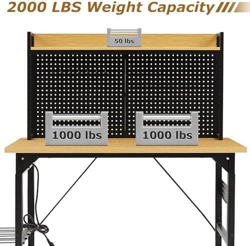 Zevemomo 48" Adjustable Height Workbench with Pegboard, Work Benches for Garage, Heavy Duty Wood Top Work Bench with Wheels, 2000 LBS Load Capacity