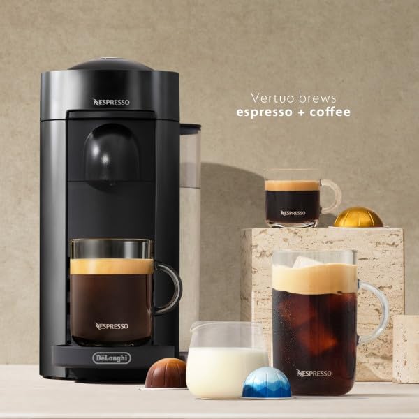 Nespresso Vertuo Plus Coffee & Espresso Maker by De'Longhi, Grey | Grey coffee machine that brews 4 cup sizes: 5 and 8 oz. coffee, plus single and double espresso, at the touch of a button.