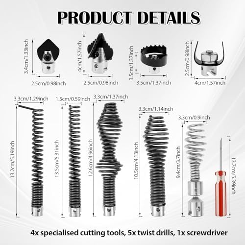 10Pcs Drain Snake Drill Attachment Set for K-400 C-4 C-6, Drain Auger Cutter Kit, High Carbon Steel Drain Cable Cutter and Auger Set for Clog Removal