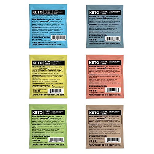 THE GOOD CHOCOLATE - Keto Chocolate Variety Pack with Zero Sugar & Lower Net Carb Snack - Keto Chocolate Bars offer Lower Calorie chocolate Candy - keto Snacks Low Carb - 6 Flavors, 12 Square Pack
