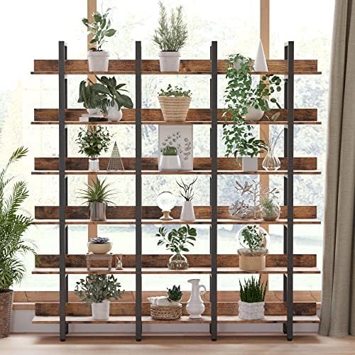 IRONCK Book Shelf Triple Wide Bookshelves 6 Tiers with Back Fence | Large Open Shelves, Etagere Bookcases, Home Office, Easy Assembly, Vintage Brown