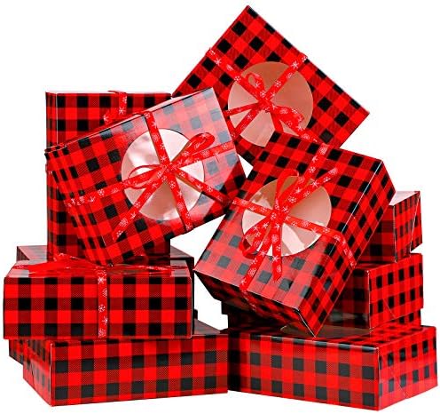 Aneco 12 Pack Christmas Cookie Boxes with Window Red and Black Plaid Holiday Treat Boxes Paper Food Boxes Xmas Gift Bags Cake Candy for Gift Giving