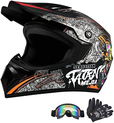 Motocross Helmet ATV Dirt Bike Helmets Off-Road Helmet with Gloves Goggles for Unisex Adult Youth DOT/FMVSS 218 Approved (Medium, Black)