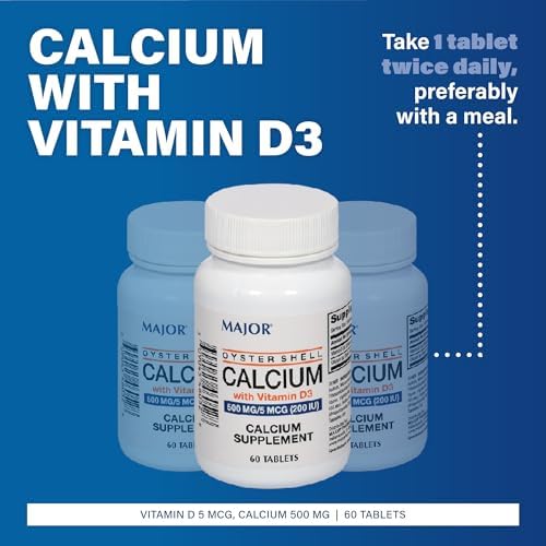 Major Oyster Shell Calcium with Vitamin D3 500 mg / 5 mcg (200 IU) - Calcium Supplement - 60 Tablets