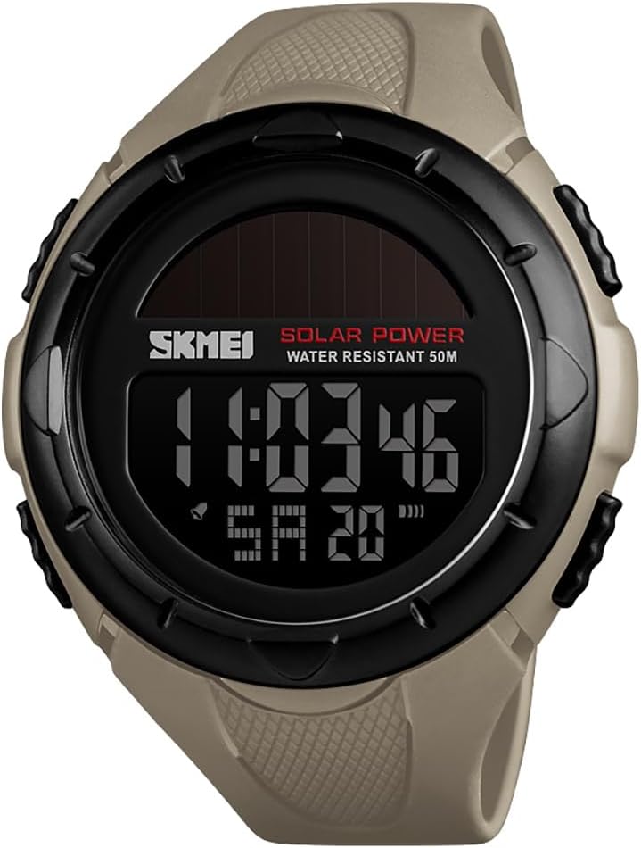 MASTOP Solar Powered Energy Watch for Men Military Digital Multifunctional Led Luminous Indication 2 Time Zone 50m Waterproof Watch Reloj Solar para Hombre