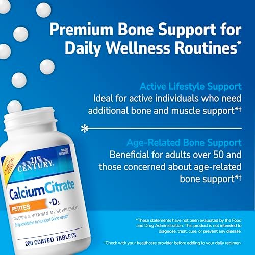21st Century Calcium Citrate + D3 Petites, Easy to Swallow, 200 Count | Highly Absorbable Calcium Citrate with Vitamin D3