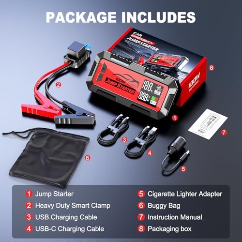 16000A Battery Jumper Starter Portable, PD 100W Output Power Bank, 12V Car Starter Jump Box & Battery Booster for All Gas & Up to All Diesel Engines