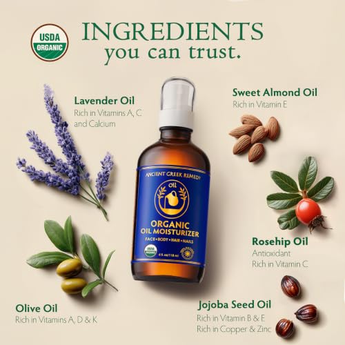 Organic Body & Face Oil for Dry Skin, Hydrating After Shower Moisturizer | Lightweight Nourishing Facial & Body Oil, Natural Cold-Pressed Almond, Olive, Jojoba, Rosehip & Lavender Oils, Vitamin E