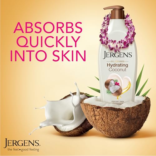 Jergens Hydrating Coconut Body Lotion, Hand and Body Moisturizer, Infused with Coconut Oil, Hydrates Dry Skin Instantly, Dermatologist Tested, 16.8 oz | Coconut Oil, Instantly Hydrates, Dermatologist Tested, Extra Dry Skin Care, Long-Lasting Moisture