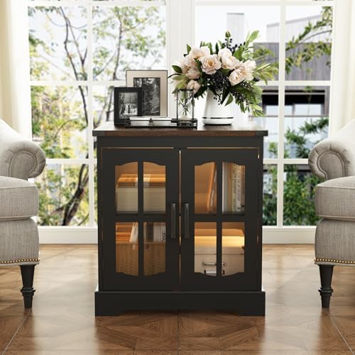 ChooChoo Farmhouse End Table with Charging Station & LED Light | Large Sofa Side Table, Rustic Square Nightstand, Glass Barn Door, Bedside Table, Storage, Living Room, Black