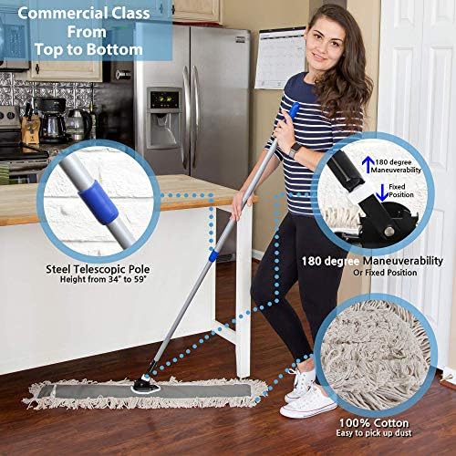 24" Industrial Cotton Floor Dust Mop with adjustable Steel Handle - Commercial Mops for Hardwood, Tiles, Laminate, Vinyl, Garage epoxy, Bamboo surface cleaning and Flooring Push Dust Broom
