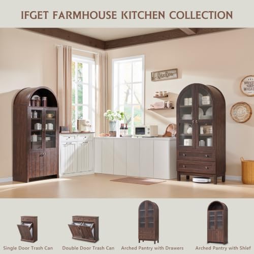 IFGET 71" Tall Arched Kitchen Pantry, Modern Farmhouse Wood Kitchens Storage Cabinets with 2 Large Drawers and Adjustable Shelves, Versatile Cupboard for Kitchen, Dining Room, Bathroom, Natrual