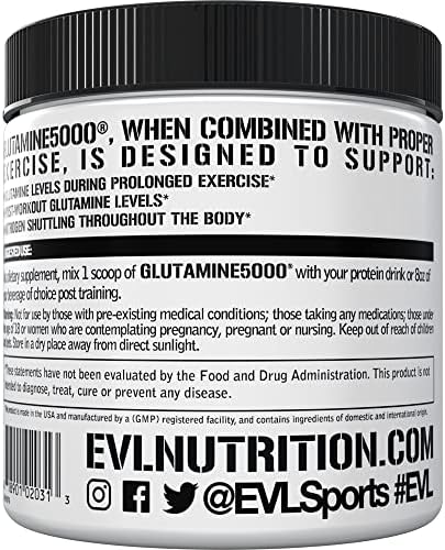 EVL L-Glutamine Powder Supplement for Post Workout Recovery, Vegan | Pure 5g L-Glutamine formula supports post-workout recovery, muscle performance