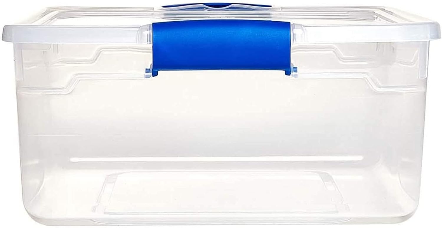 HOMZ Clear Plastic Storage Bins with Latching Lid, 15.5 Qt, Blue, 4 Pack | Stackable Container Set for Home, Office Shelves, Kitchen, Garage, and Bathroom Organization