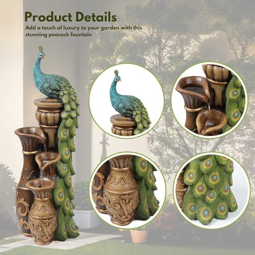 LuxenHome 44" Peacock Outdoor Water Fountain with Lights, Garden Waterfall