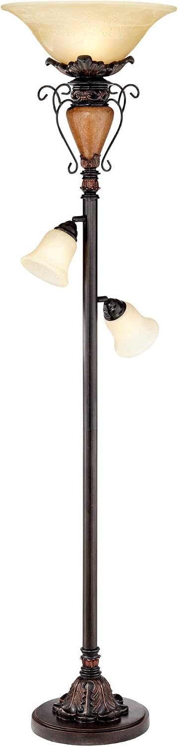 Ludo 72" Tall Bronze Crackle Tree Torchiere Floor Lamp Living Room | Vintage Traditional Antique Adjustable Alabaster Glass Shades Slide Dimmer