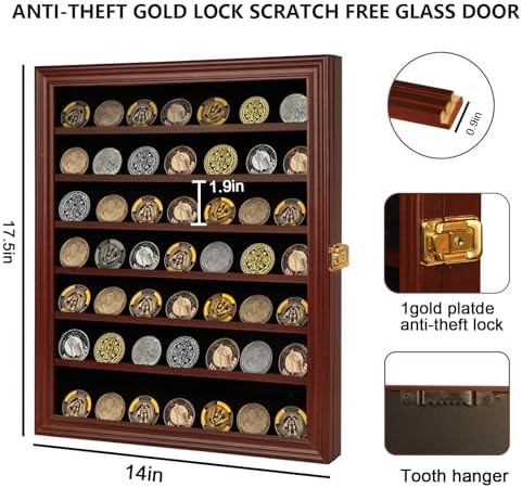 Jinchuan Military Challenge Coin Display Case Lockable Cabinet Rack Holder Shadow Box with Removable 2 Grooves Shelves and Anti Dust Door for Casino