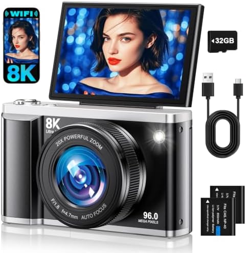8K Digital Camera for Photography with WiFi 96MP Autofocus Vlogging Camera for YouTube Video 3.5'' 180°Flip Screen 20X Zoom Anti-Shake Compact