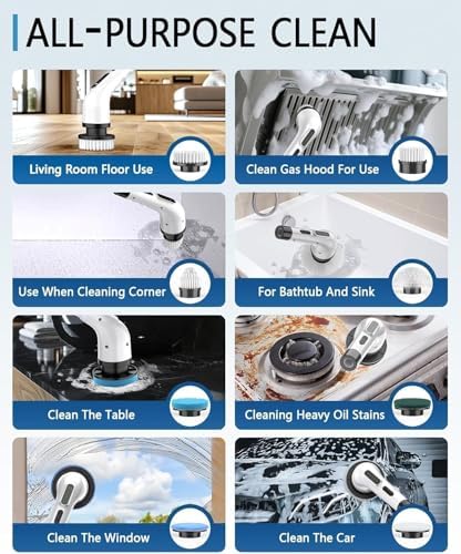 Electric Spin Scrubber for Cleaning Bathroom, Shower Scrubber Cordless Cleaning Brush with IPX7 Waterproof & 3 Speed, 9 Brush Heads