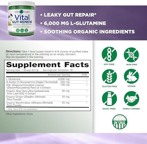 Vital Planet - Vital Gut Renew Powder Supplement for Leaky Gut Repair with L-Glutamine, Marshmallow and Ginger Root