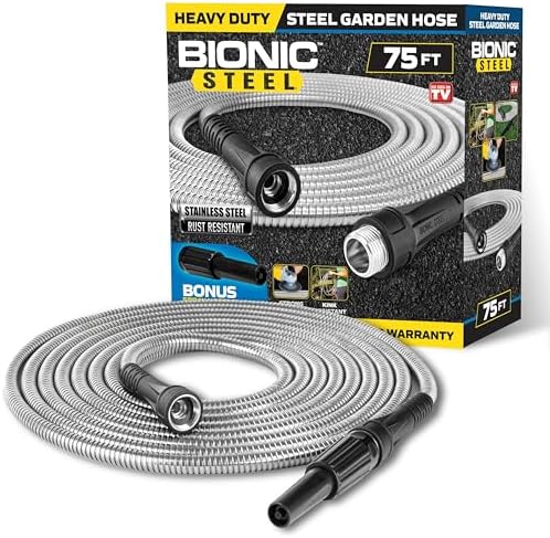 BIONIC STEEL 50 Ft Metal Garden Hose with Sprayer Nozzle | Non Kinking Design, Stainless Steel Heavy Duty Water Hose 50Ft x 5/8 in. Flexible & NON Expandable for Water Flow, 500 PSI