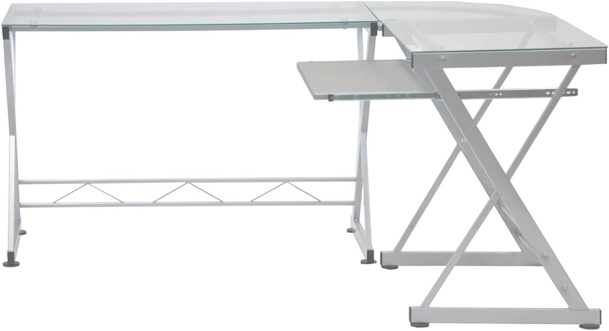 Techni Mobili L Shaped Desk with Keyboard Tray & Tempered Glass Desktop | Home Office, Corner Desk, Work From Home, Professional