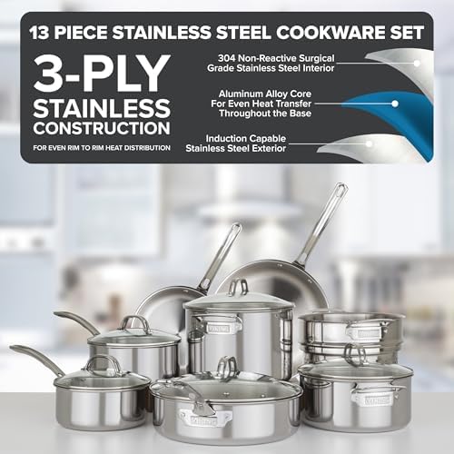 Viking 3-Ply Pots and Pans Set, 17 Piece Stainless Steel Cookware Glass Lids, Steamer Insert, Silver