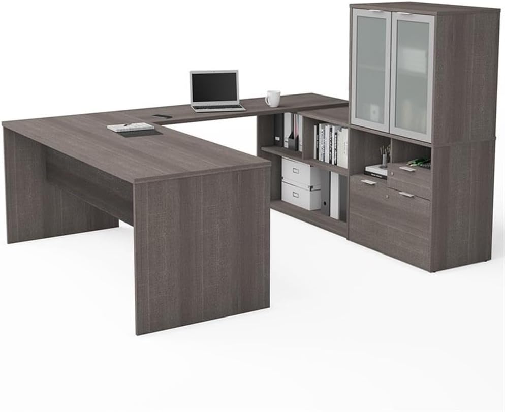 Bestar i3 Plus 72W U-Shaped Executive Desk with Frosted Glass Doors Hutch in bark Grey