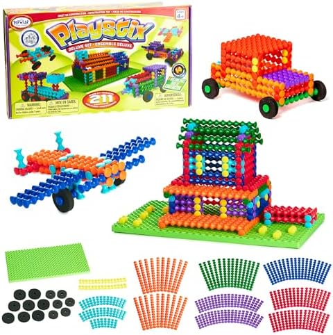 POPULAR PLAYTHINGS Playstix Deluxe Set, 211 Piece, Building Sticks Kit | for Kids Ages 4 and Up, Construction Stem Building Toy Gift, for Boys & Girls