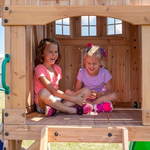 Backyard Discovery Montpelier Cedar Wood Swing Set, Wave Slide, Clubhouse, Monkey Bars, Picnic Area, Snack Bar, Belt Swings, Trapeze, Balcony