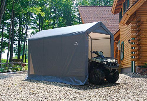 ShelterLogic 10' x 10' Shed-in-a-Box All Season Steel Metal Round Roof Outdoor Storage Shed with Waterproof Cover and Heavy Duty Reusable Auger Anchors, grey