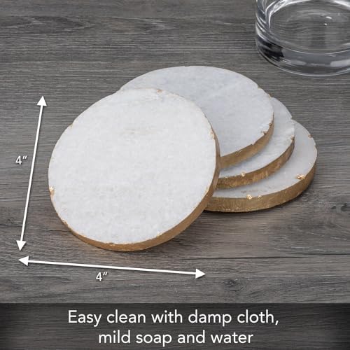 Thirstystone 4 Pack Round Natural White Marble Coasters 4" Diameter | Gold Edges, Elegant, Luxurious, Stemware Safe