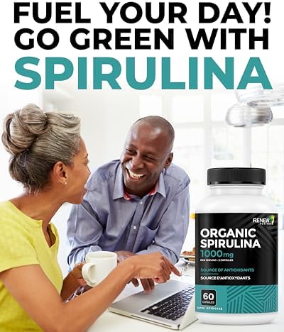Renew Actives Organic Spirulina 1000MG per 2 Capsules – Superfood for Men & Women – Supports Energy