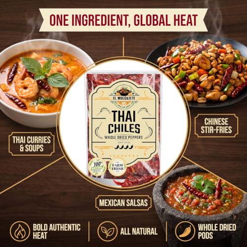 Dried Red Thai Chili Peppers 16oz Whole Hot Asian Chile for Curry Soup | Fiery authentic heat for tom yum, pad thai, ramen, stir fry & chili oil. Bulk bag, all natural. Resealable.