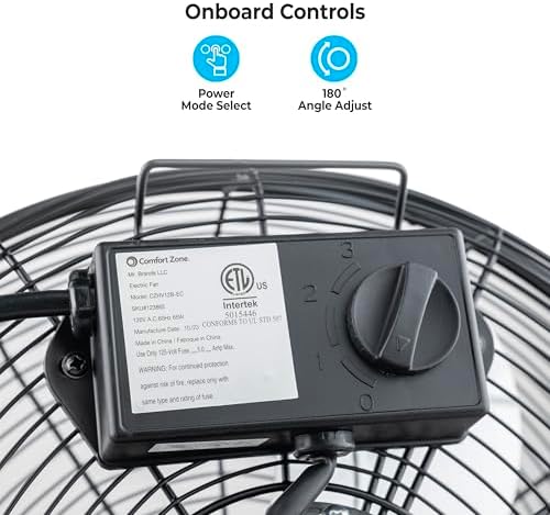 Comfort Zone 9 inch Cradle Fan, 3 Speed Floor or Table Fan with180 Degree Tilt, Metal Construction and Aluminum Blades, Carry Handle, Rubber Feet, Ideal for Bedroom, Workshop, or Garage, Black