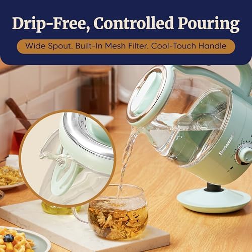 Elite Gourmet 1.2L Glass Kettle, 1200W Fast Boil, Temp Control, Mint