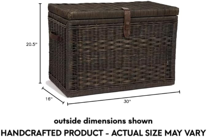 The Basket Lady Wicker Storage Trunk, M, Walnut Brown - fully assembled | Outside: 24" L x 13" W x 18" H | Inside: 22"L x 11"W x 15"H - Fabric lined. Handcrafted by artisans from natural rattan